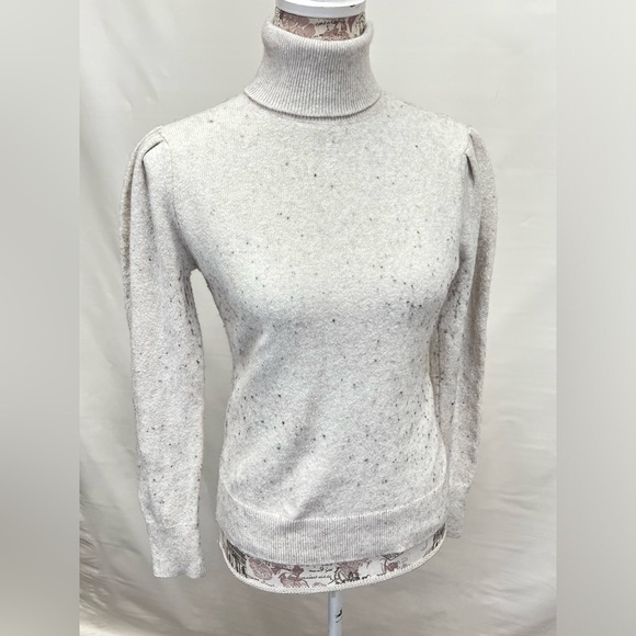 RACHEL‎ PARCELL Beige speckled puff sleeve turtleneck sweater size M. - Picture 9 of 14